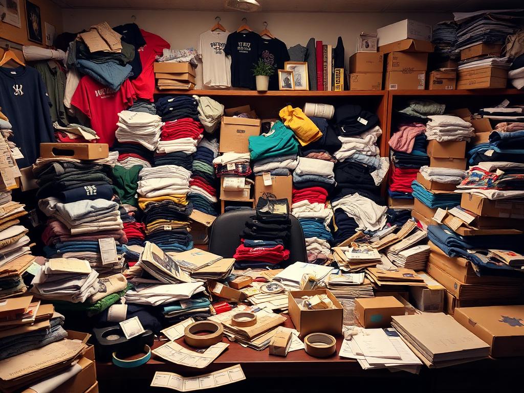 Mesa desorganizada com camisetas, etiquetas e embalagens
